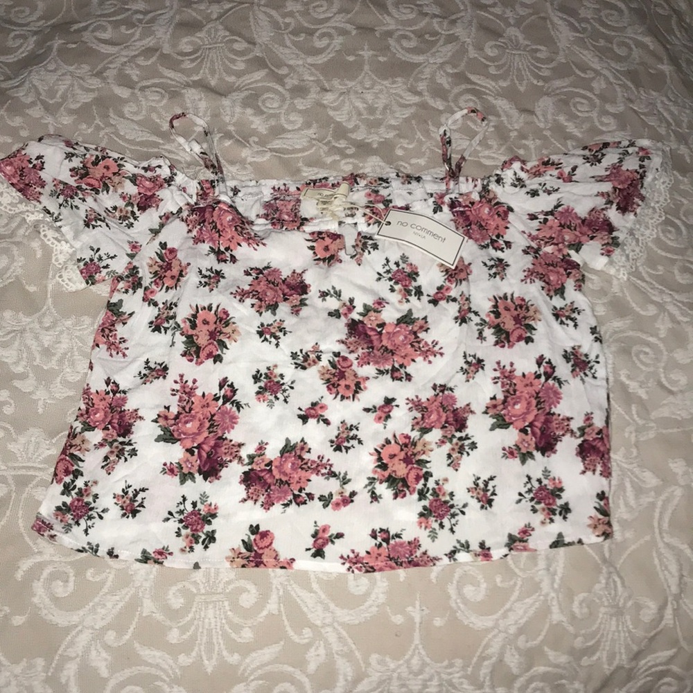 White Top with Pink Floral Designs w/ lace Sleeves